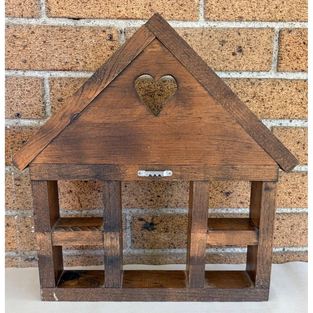 Vtg House Shaped Wood Trinket Shelf Heart Cutout Hanging Miniatures Display